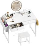 KAI-ROAD Makeup Vanity Desk with Mirror and Lights - Small White Vanity Table with Fabric Drawers & Chair, Power Outlet, Modern Make Up Vanitys Desks Set, Dressing Table for Girls Bedroom