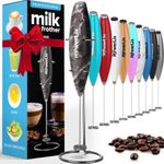 PowerLix Milk Frother Handheld Battery Operated Electric Whisk Foam Maker For Coffee, Latte, Cappuccino, Hot Chocolate, Durable Mini Drink Mixer With Stainless Steel Stand Included (Black Marble)