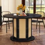 DWVO Round Dining Table for 4-6 People, 47 Inch Farmhouse Kitchen Table with Rattan Circular Base, Wooden Dinner Table for Dining Room Family Gathering, Black