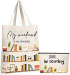 Sieral 2 Pcs Book Lovers Gifts Bookshelf Tote Bag Makeup Reading Canvas Bag Reusable Book Tote Bag Cosmetic Pencil Cases School Bag Gift with Metal Zipper Bookish Librarian Gifts for Women Teacher