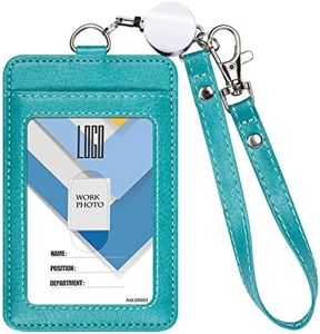 Wisdompro Badge Holder with Wrist Lanyard, 2-Sided PU Leather ID Card Holder Wallet Case with Wristlet Strap and Retractable Reel, Easy Swipe for Work, School, Metro and Access Card - Teal