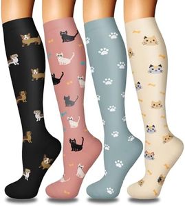 Iseasoo 4 Pairs Compression Socks for Women Circulation, Best for Nurses, Travel, Daily Wear Dog Cat Paw Print Knee High Stockings, Soft Pink Black Blue Beige Colors sock L-XL