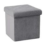 Bonlife Grey Velvet Folding Small Ottoman Storage Box,Foldable Footstool for Living Room,Toy Chest Box with Lid,Folding Step Stool for Children, 32x32x32cm