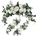 Wedding Arch Flowers,3Pcs Set White Rose Decorative Floral Swags, Artificial Greenery Eucalyptus Leaves Flower For Sheer Drapes, Wedding Chair, Arbor, Wedding Ceremony and Reception Arrangement