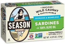 Season Sardines in Olive Oil – Skinless & Boneless, Wild Caught, 22g of Protein, Keto Snacks, More Omega 3's Than Tuna, Kosher, High in Calcium, Canned Sardines – 4.37 Oz Tins, 12-Pack