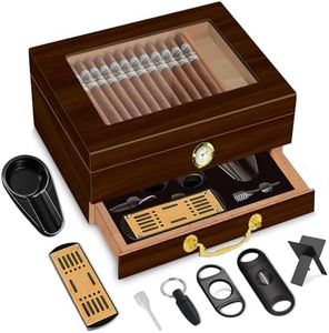 Spanish Cedar Cigar Humidor Box with Accessories and Humidifier - Glass Cover and Storage Drawer - Desktop Cigar Holder for Men - Portable Travel Case - Small Table Top Humidors for 20-50 Cigars