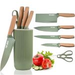 Kitchen Knife Set, 6 Pieces Green Professional Knife Set with Universal Knife Block, Super Sharp Knife Set with Ergonomic Handle, Non-Stick Stainless Steel Knife Block Set