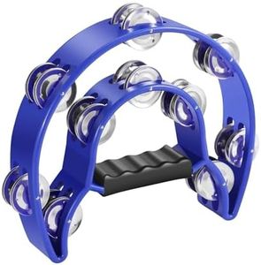 Flexzion Half Moon Musical Tambourine (Blue) Double Row Metal Jingles Hand Held Percussion Drum for Gift KTV Party Kids Toy with Ergonomic Handle Grip