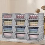 Kuber Industries Large 12 Pcs Cupboard Organizer For Clothes | Stackable Wardrobe Organizer - For Tshirt | Pants - Plastic Storage Racks (Grey), 44 x 34 x 19 cm