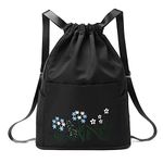 MYHEART Waterproof Drawstring Gym Backpack Embroidery Lightweight Oxford Shoulders Bag Travel Bag for Women (Black)