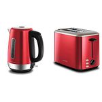 Morphy Richards Equip Red Jug Kettle - 1.7L - Rapid Boil - Limescale Filter - 102785 & Equip Red 2 Slice Toaster - Defrost And Reheat Settings - 2 Slot - Stainless Steel - 222066