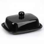 HONZUEN Ceramic Butter Dish with lid and Handle,Small Covered Butter Contaniner for Countertop,Porcelain Butter Storage Holder Kitchen Farmhouse,Pottery European Butter Box Tray(Black)