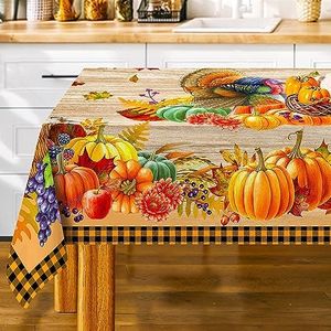 Thanksgiving Tablecloth, Thanksgiving Turkey Table Cloth Rectangle 60 x 120, Pumpkins with Fall Leaves Tablecloths Rustic Holiday Table Cover Thanksgiving Decorations for Dining Room Kitchen Outdoor