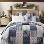 DaDa Bedding Denim Blue Elegance Patchwork Floral Bedspread Set - 100% Cotton Boho Chic Lightweight Quilted Coverlet - Striped Paisley Medallion Multi Colorful Ivory - California King - 3-Pieces