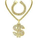 2 Pcs Gold Money Chain Necklaces Cuban Link Bracelet Set, 80s 90s Costume Jewelry Big Fake Gold Chains Dollar Sign Pendant Hip Hop Rapper Gold Digger Costume Accessories for Men Women Halloween Party,