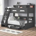 happybeds Wooden Bunk Bed, Orion Anthracite Triple Sleeper 3ft Single Top, 4ft Small Double Bottom Storage Drawer with 2x Memory Foam Mattresses