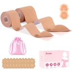 Sovano Boob Tape Set for Lift Support, Boobtapes A-G Cup for Push up, 2 Rolls 5M Stretchable Self-Adhesive Boobtape for Small Large Breasts Body Tape with 2 PCS Nipple Covers, Beige