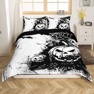 Feelyou Happy Halloween Duvet Cover Horror Theme Bedding Set for Kids Boys Girls Teens Room Decor Pumpkin Comforter Cover Set King Bat Bedspread Cover 3Pcs, Black White, No Comforter