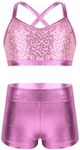 iEFiEL Kids Girls Shiny Sequins Crop Top with Shorts Metallic Gymnastic Leotard Sports Dance 2 Pieces Outfits Pink 7-8 Years