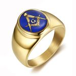 INRENG Stainless Steel Gold Plated Freemason Masonic Rings for Men Women Blue G Lodge Master Mason Signet Band, Metal, No Gemstone