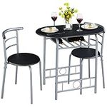 Yaheetech 3 Piece Dining Table & Chairs Set, Compact Dining Room Set with Storage Shelf and Wine Rack, Modern Breakfast Bar Table Set for Kitchen/Apartments/Small Space, Black, 80x53x75.5cm