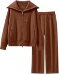 Caracilia Womens 2 Piece Outfits Knit Zip Up Sweater Lounge Set Wide Leg Pants Tracksuit Loungewear Matching Sets Brown Small