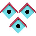 Sanmark Bird House Combo Nest Box Breeding House for Small Birds Sparrow, Finches Handmade Bird Friendly Wooden Hanging for Home Decor & Garden (Sky Blue/Red - 21 x 14 x 18 cm.) (Pack of 3)