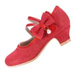 EIGHT KM Girls High Heel Dress Shoes Mary Jane Princess Wedding Party Pump Shoes EKM7035 Sparkle Glittery Minerva Pearl Bow Red US Toddler Size 7