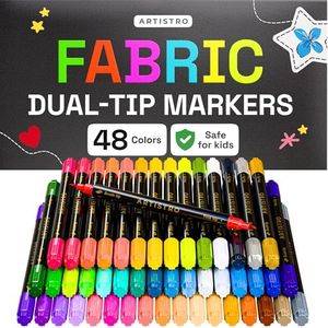 ARTISTRO 48 Dual-Tip Fabric Markers - Fabric Decorating Kit - Permanent for Clothes - No Bleed Pens for T-Shirts, Bags, Textile, Canvas, and More (Brush Tip and Fine Tip)