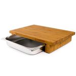 cleenbo Chopping Board with Tray Bamboo GN, Wood Oiled Big Kitchen Cutting Board for Food, Professional Large Boards with Movable Stainless Steel Drawer, with feet, with containers, 420 x 290 x 75 mm