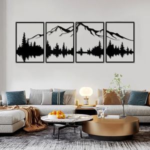YiYa Ensemble De 4 Pièces Décoration Murale en Métal Noir Décoration Murale En Métal Forêt De Montagne Art Mural En Métal Maison pour Salon Chambre À Coucher Grande Sculpture Murale