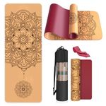Haninj Cork Yoga Mat Non Slip Unique Design Natural Cork Tpe Material Fitness Exercise Mat with Carry Bag and Strap For Home, Pilates,Aerobic,Gym & Workout 72 X 24 (Red-Mandala)