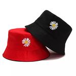 REFFER Women Bucket Hats Cute Little Daisy Flower Embroidery Cotton Reversible Double Sided Wear Packable Bucket Hat for Women Beach hat Summer hat (Pack of 1) (Red Black 1 Piece Reversible Hat)