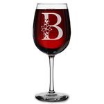 Floral Monogram Engraved Initial Stemmed Wine Glass with Flower 16 oz. Personalized Custom Drinking Gift for Women, Men, Birthday, Special Occasions (B)