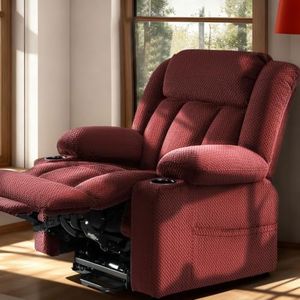Cfvyne Triple Motor Large-Wide Power Lift Recliner Chair for Big and Tall Elderly, 180° Lay Flat Lift Chair Recliner, Infinite Position, Power Headrest, Heat & Massage (Plush Flannel, Dark Red)