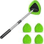 Windshield Cleaning Tool, Car Window Cleaner with Extendable Long Handle and 3 Washable Reusable Microfiber Pads, Auto Interior Exterior Glass Wiper Cleaning Kit Universal for Office and Home (Green)