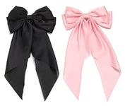 ZEPOLI Big Satin Layered Hair Bows for Women Girls 11 Inch Barrette Hair Clip Long Black Ribbon Bows French Style Hair Accessories (Pink,Black)