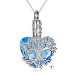 YFN Tree of Life Urn Necklace for Ashes Heart Cremation Jewelry Sterling Silver with Blue Crystal with Funnel Filler Jewelry Gifts for Women, Sterling Silver, Crystal