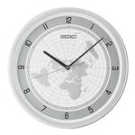 SEIKO Elegant Plastic Silver Color Round Case World Map Design on White Dial English Numbers Wall Clock for Home Office Decor Living Room Gifts (Size: 36 x 4 x 36 CM | Weight: 940 Gram) QXA814AT