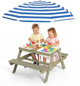 Jojoka 4-in-1 Kids' Picnic Table with Removable Umbrella and 2 Storage Bins for Outdoor - Wooden Sand & Water Table for Toddlers