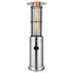 COSTWAY Outdoor Propane Patio Heater, 40,000 BTU Propane Heater with Dancing Flame, Portable Wheels, Stainless Steel Pyramid Floor-Standing Outdoor Heater for Balcony Backyard Garden, Silver