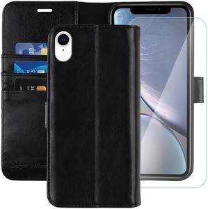 MONASAY Wallet Case Compatible for iPhone XR, 6.1-inch, [Glass Screen Protector Included] [RFID Blocking] Flip Folio Leather Cell Phone Cover with Credit Card Holder, Black