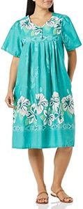 AmeriMark Womens Patio Dress Lounger Floral Print Border Short Sleeve & Pockets, Jade, X-Large