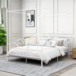 AUFANK Queen Size Four-Poster Metal Canopy Bed Frame with Headboard and Footboard Sturdy Slatted Structure No Box Spring Needed White