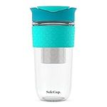 SoleCup Large Travel Mug Loose Tea Infuser - Detachable Tea Strainer with Spill Proof Lid - 18oz/530ml BPA-Free Reusable Glass Travel Coffee Cup with Silicone Band (Blue)