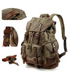 Mens Genuine Leather-Waxed Canvas Backpack Shoulder Rucksack, Vintage Mountaineering Travel Bag, Heavy Duty, Waterproof, Oversized Highly Spacious Bag for Traveling, Outdoor, Weekender