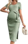 guruixu Crewneck Short Sleeve Maternity Dress Rib Knit Photoshoot Baby Shower Dresses Slit Pregnancy Clothes with Belt, Green-short Sleeve