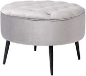 BIRDROCK HOME Tufted Round Ottoman - Velvet Footrest with Cushion and Mid-Century Modern Steel Legs - Ideal for Living Room, Bedroom, or Office Seating - Soft, Compact Decorative Footstool - Grey