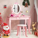 COSTWAY Kids Vanity Table with Stool & 360° Rotating Mirror, 2 in 1 Girls Makeup Dressing Tables, Wooden Children Study Desk and Chair Set