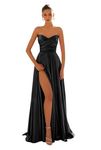 Strapless Satin Prom Dresses for Women Ruched Long Bridesmaid Dresses Formal Gowns with Slit, Black, 6